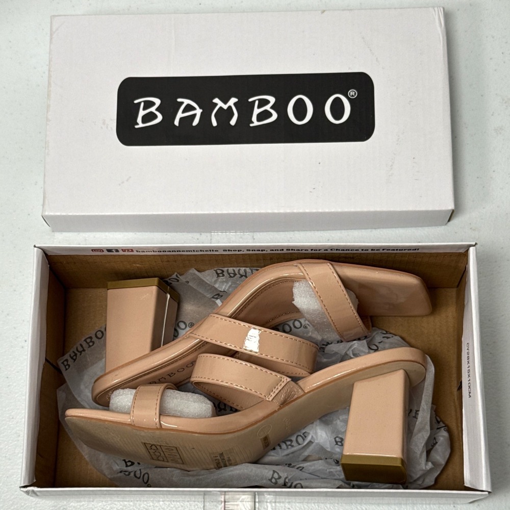 Bamboo Square Toe Block Heel Sandals Womens Size 6 Lasting 29 Nude Patent Shoes